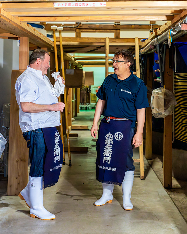 Stuart Morris and Masanobu Shindo taking a break from sake production